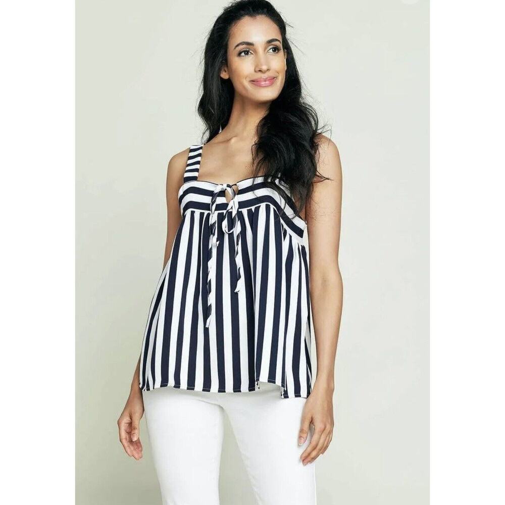 Savanna Jane Blouse Womens Medium Navy Blue & White Striped Nautical Top Keyhole